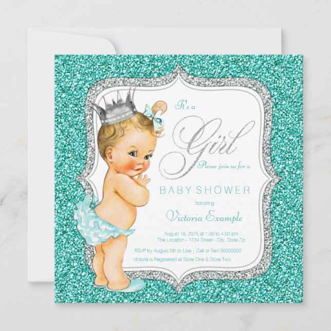 Invitation Fête de bébé Bleu sarcelle et argent (Devant)