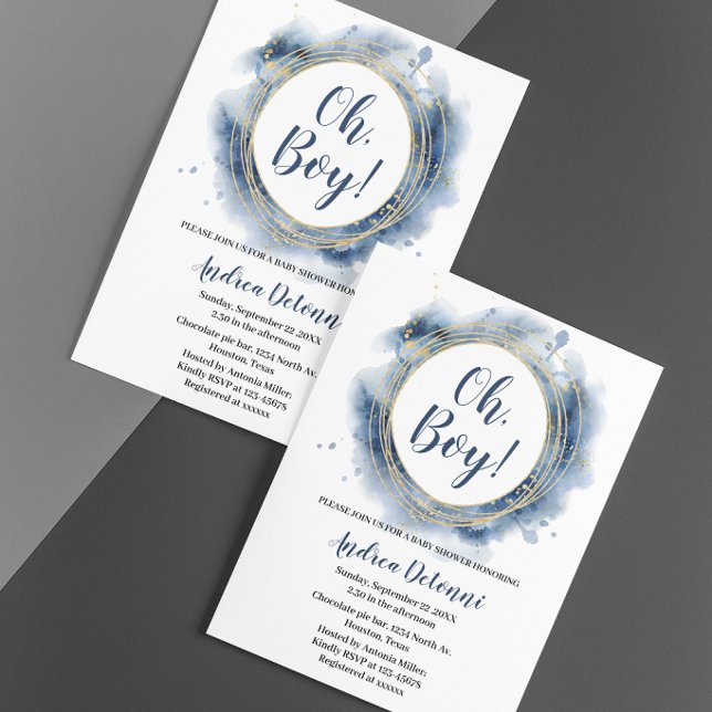 Invitation Fête de bébé Blue Gold Oh garçon (Créateur téléchargé)