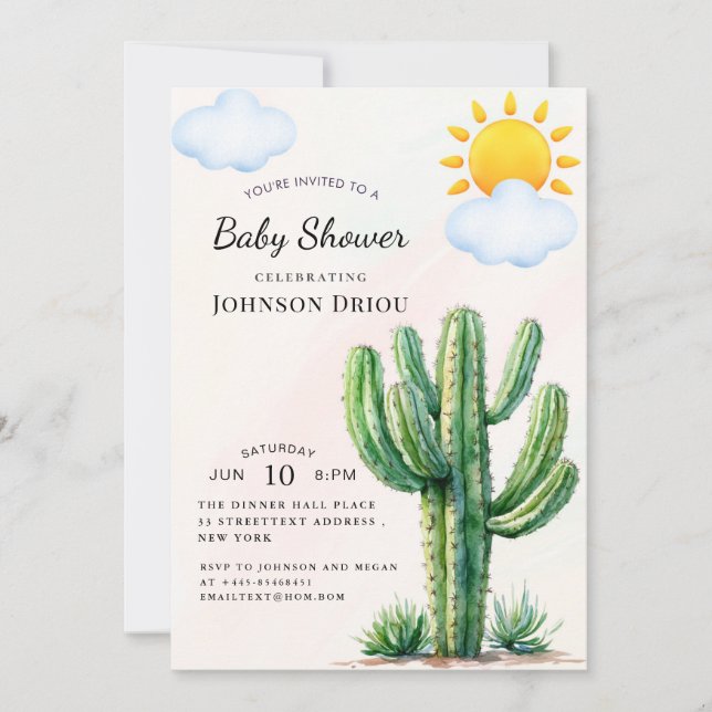 Invitation Fête de bébé Bohème Cactus (Devant)