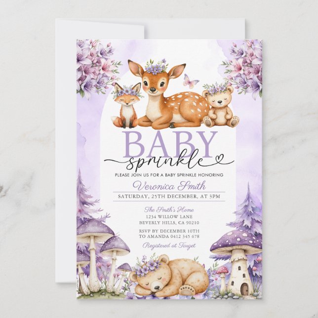 Invitation Fête de bébé Bohème Fille Violette Cerf Forêt (Devant)