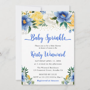 Invitation Fête de bébé Bohème Fleurs d'été bleues et jaunes