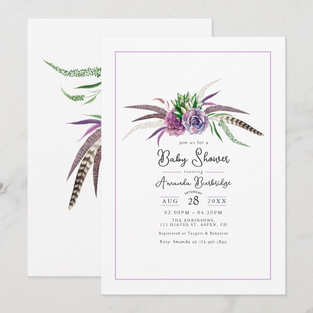 Invitation Fête de bébé Bohème Floral et Plumes (Devant / Derrière)
