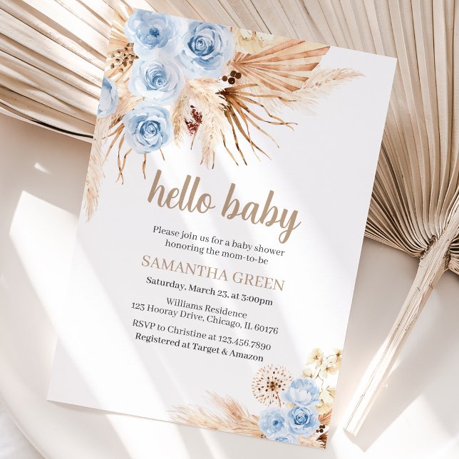 Invitation Fête de Bébé Bohème Herbe de Pampas Bleue (Créateur téléchargé)