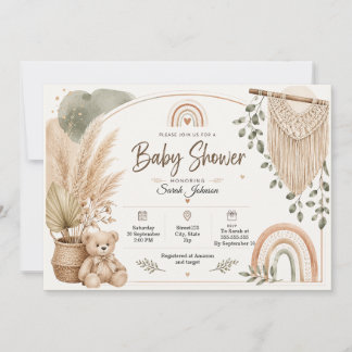 Invitation Fête de bébé bohème ourson arc-en-ciel pampas pers