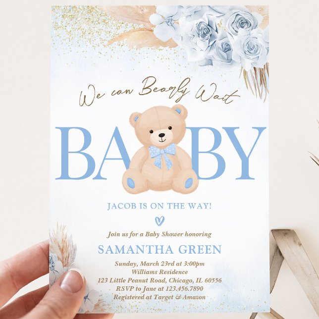 Invitation Fête de bébé bohème Ourson Bleu Garçon (Créateur téléchargé)