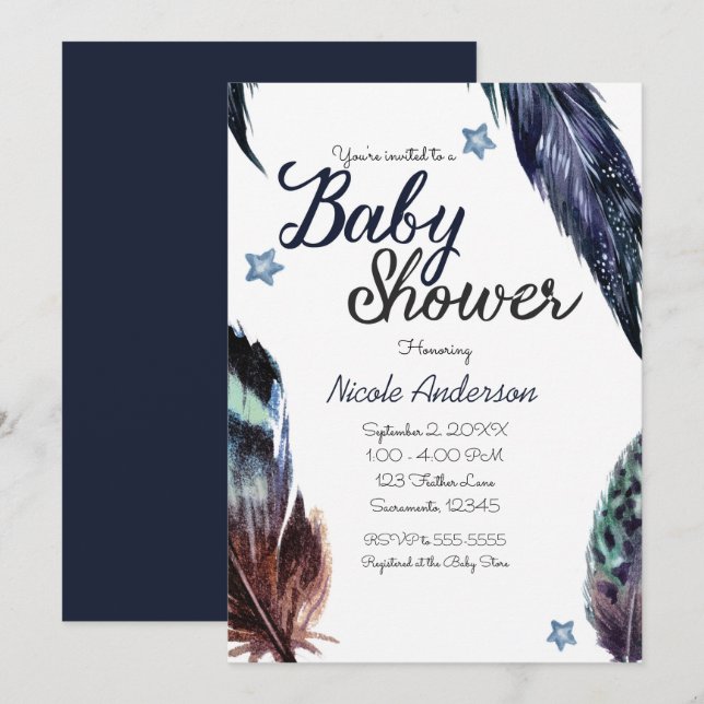 Invitation Fête de Bébé Bohème Rustique Plumes Bleues (Devant / Derrière)