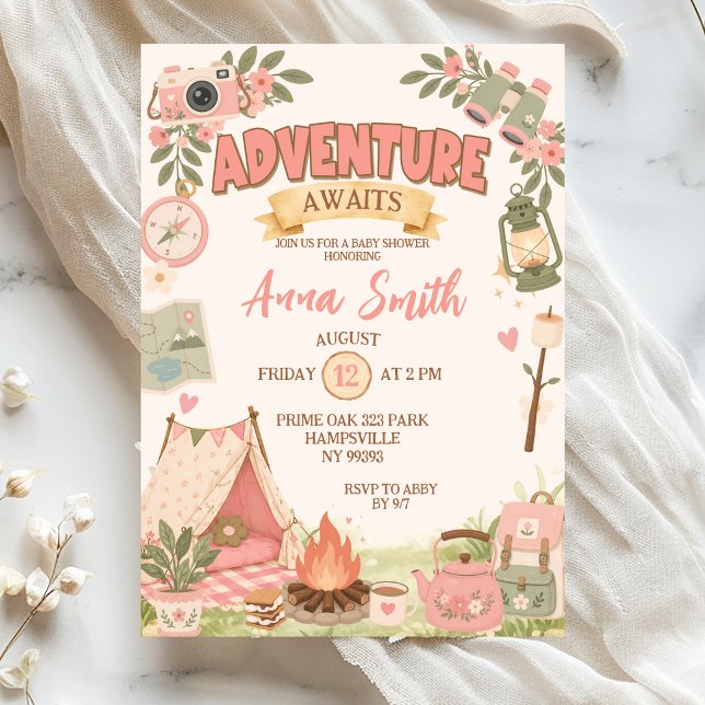 Invitation Fête de Bébé Boho Rose Aventure en Attente (Créateur téléchargé)