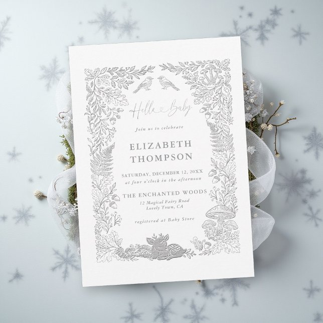Invitation Fête de Bébé Bonjour Forêt Hivernale de Contes de  (winter baby shower invitation woodland deer birds enchanted forest mushrooms ferns fairytale story)