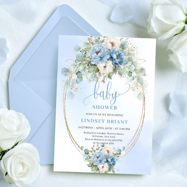 Invitation Fête de bébé Botanique Boho Fleurs Bleues Eucalypt (Botanical Boho Blue Flowers Eucalyptus Baby Shower)