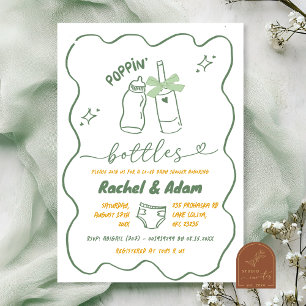 Invitation Fête de bébé bouteilles Poppin vert sauge dessinée
