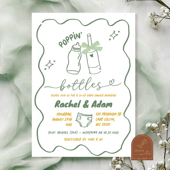 Invitation Fête de bébé bouteilles Poppin vert sauge dessinée (Créateur téléchargé)