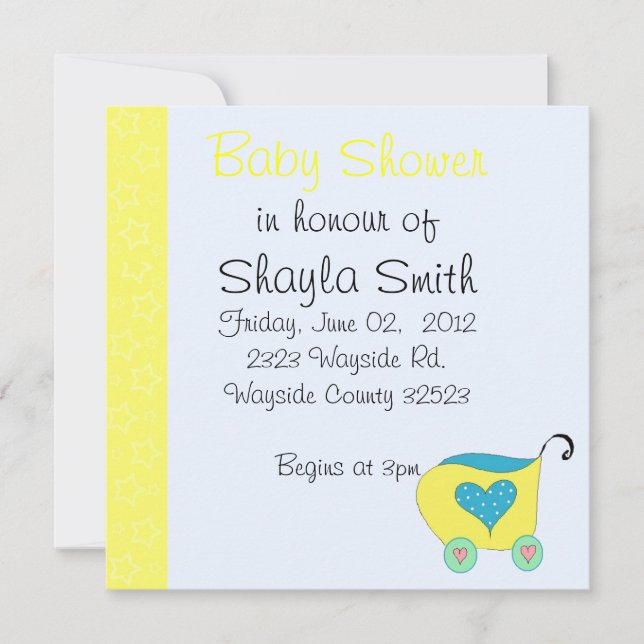 Invitation Fête de bébé Buggy Bébé Jaune (Devant)