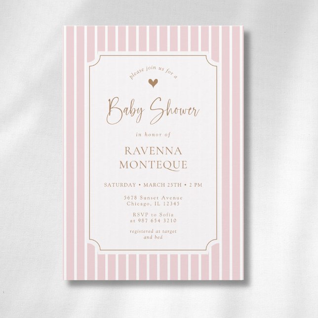 Invitation Fête de bébé cadre oré whimsique rayure rose (Créateur téléchargé)