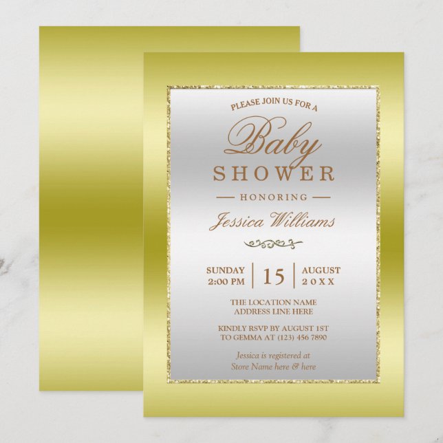 Invitation Fête de Bébé Cadre Paillettes Or et Argent (Devant / Derrière)