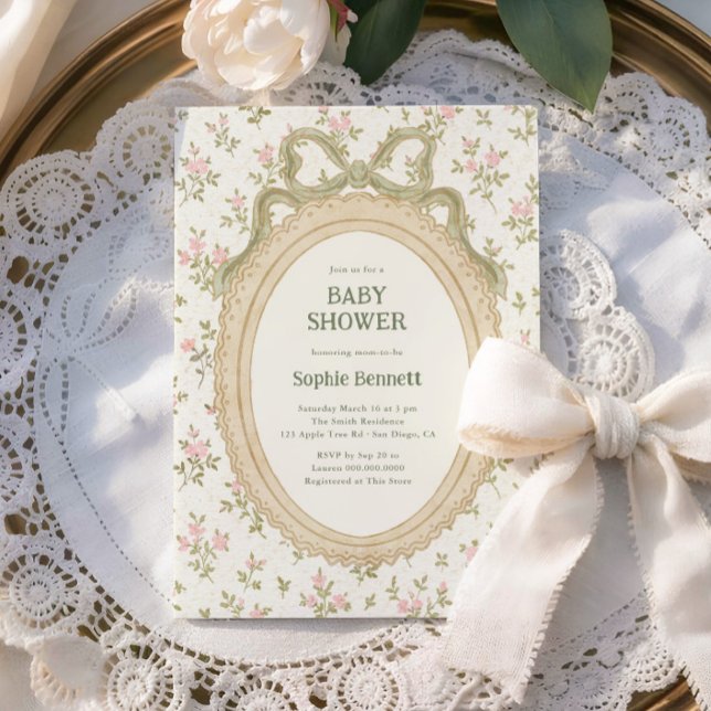 Invitation Fête de Bébé Cadre Vert Cottage Cosy (Créateur téléchargé)
