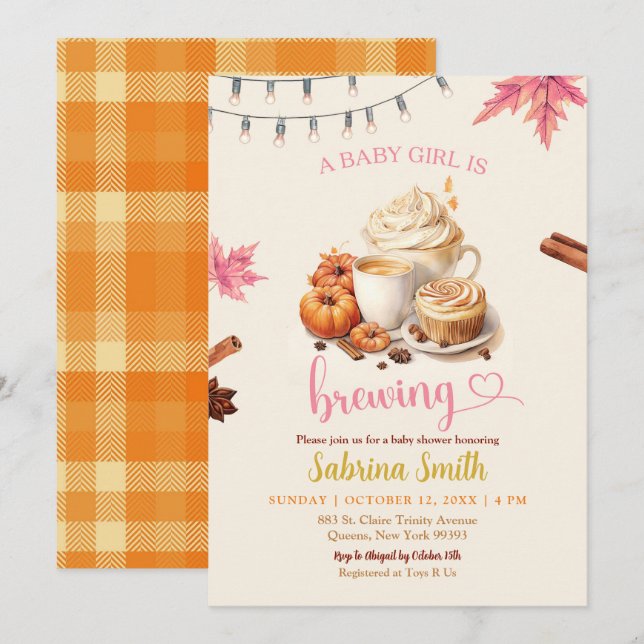 Invitation Fête de Bébé Café Citrouille Feuilles d'Automne Ro (Devant / Derrière)