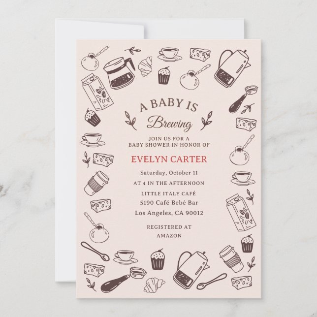 Invitation Fête de Bébé Café Dessinée à la Main et Dispersée (Devant)