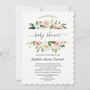 Invitation Fête de bébé calligraphie florale crème rose moder