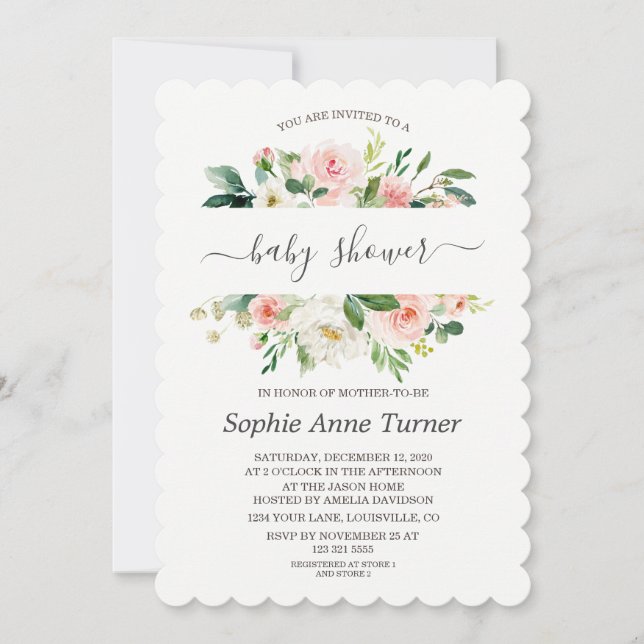 Invitation Fête de bébé calligraphie florale crème rose moder (Devant)