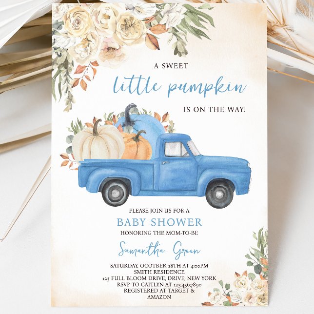 Invitation Fête de Bébé Camion de Citrouille Bleue (Créateur téléchargé)