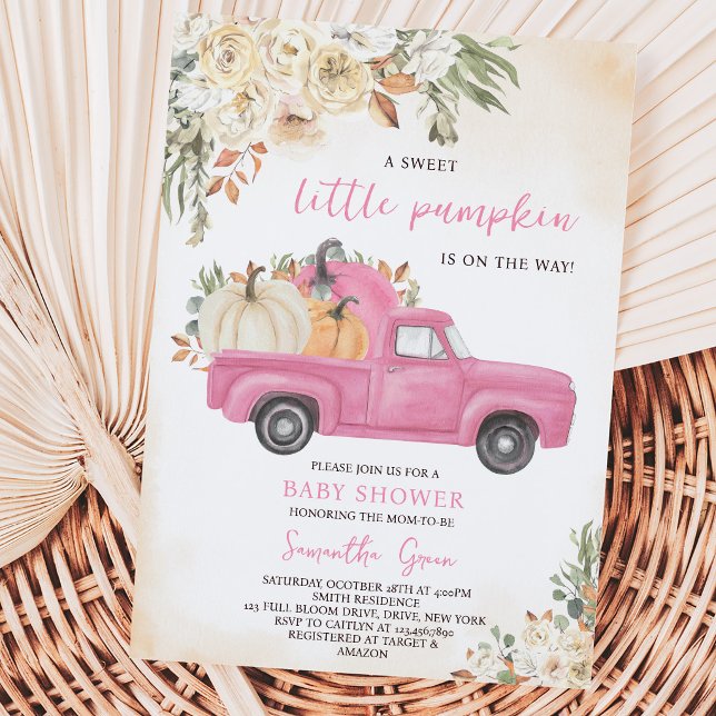 Invitation Fête de bébé camion de citrouille rose (Créateur téléchargé)