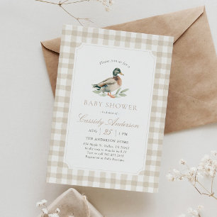 Invitation Fête de bébé canard Gingham Neutre