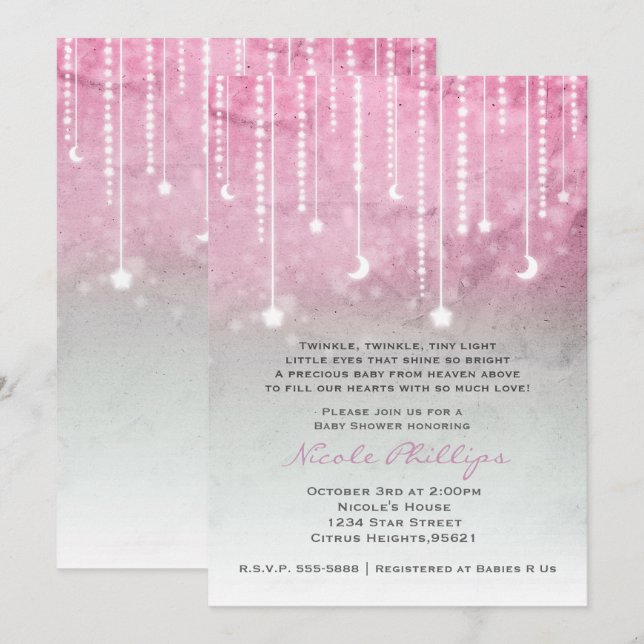 Invitation Fête de bébé céleste Rose Gris Blanc Lune & Étoile (Devant / Derrière)