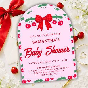 Invitation Fête de bébé Cerise avec un Nœud à Carreaux Rouges