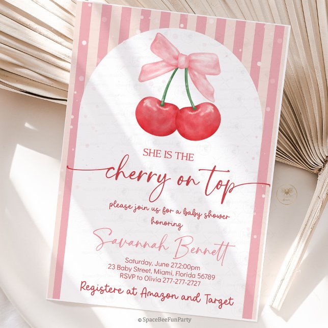 Invitation Fête de bébé Cerise Cerise sur le dessus (Cherry Baby Shower Invitation, Editable Cherry on Top Invitation, Girl Baby Shower Invite, Pink Bow )