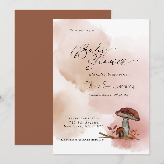 Invitation Fête de bébé champêtre avec champignons de la forê (Devant / Derrière)