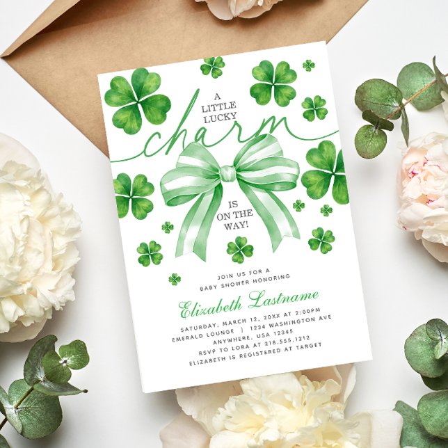 Invitation Fête de bébé Charme Chanceux Ruban Vert (Green Bow Lucky Charm Baby Shower Invitation
#luckycharmbabyshower
#stpatricksdaybabyshower)