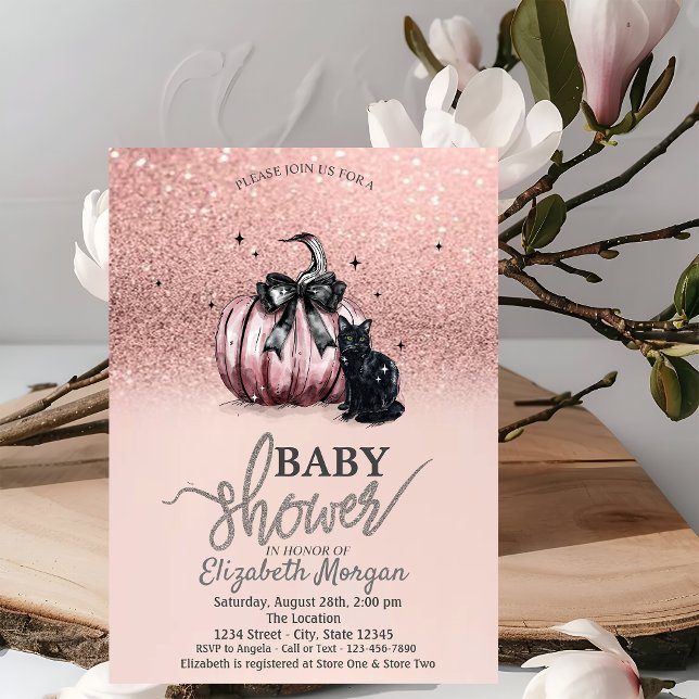 Invitation Fête de bébé Chat Noir Citrouille Paillettes Or Ro (Créateur téléchargé)