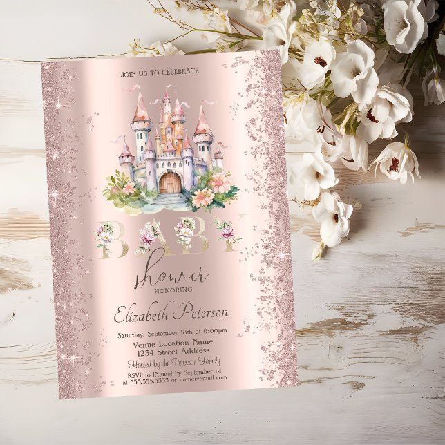 Invitation Fête de Bébé Château Floral Confettis Pailletés (Créateur téléchargé)
