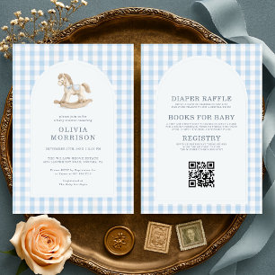Invitation Fête de bébé Cheval à Bascule Gingham Bleu Tout en