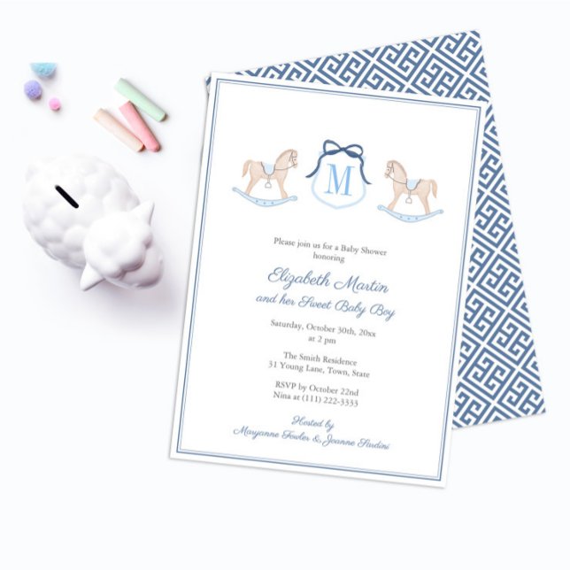 Invitation Fête de Bébé Cheval à Bascule Monogramme Pour Garç (Preppy Navy Blue And White Watercolor Wooden Rocking Horse Baby Shower Invitation for boy)