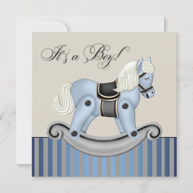 Invitation Fête de bébé Cheval à bascule Noir et Bleu (Devant)