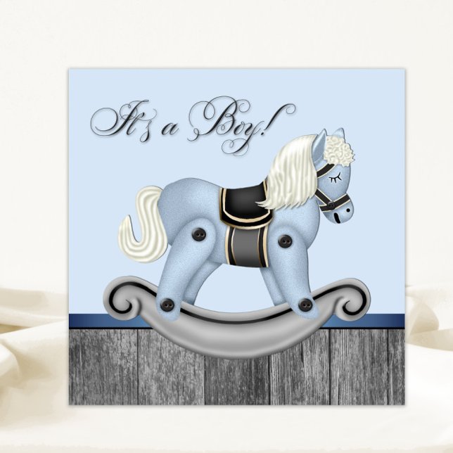 Invitation Fête de bébé Cheval à bascule Noir et Bleu (Sweet rocking horse baby shower invitation. Simply add your event details.)