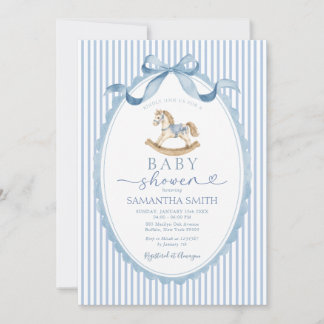 Invitation Fête de Bébé Cheval à Bascule Rayé Bleu 