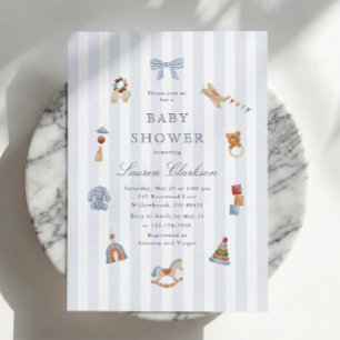 Invitation Fête de bébé Cheval à bascule rayé bleu Prépa