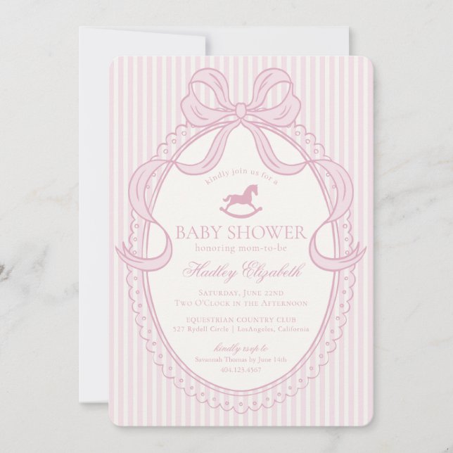 Invitation Fête de Bébé Cheval à Bascule Ruban Coquette Rose (Devant)