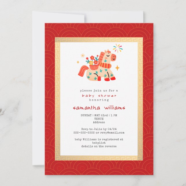 Invitation Fête de bébé Cheval Rouge Or de l'Année du Cheval (Devant)