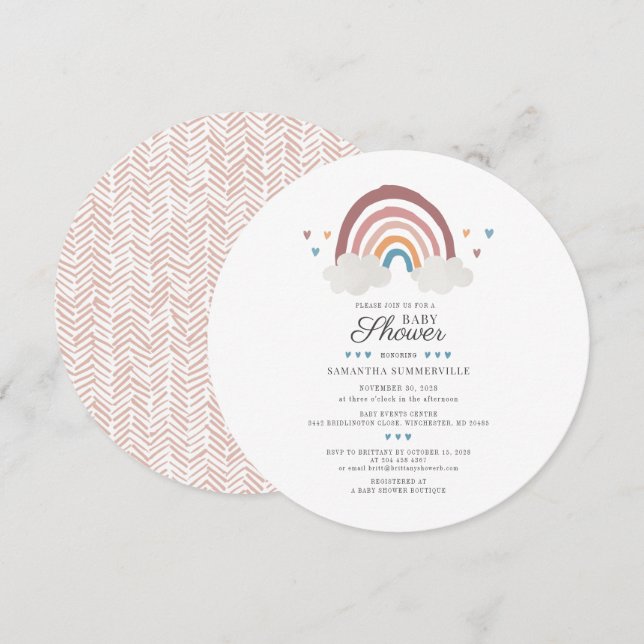 Invitation Fête de bébé chic écriture aquarelle arc-en-ciel (Devant / Derrière)