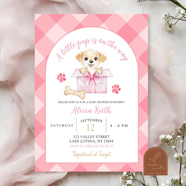 Invitation Fête de Bébé Chien en Vichy Rose (Créateur téléchargé)