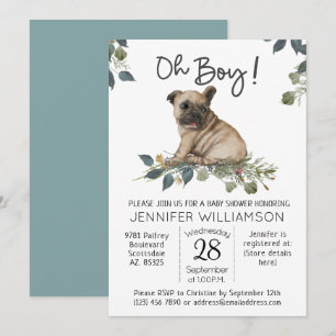 Invitation Fête de bébé chien Oh Garçon ! Pug Chiot
