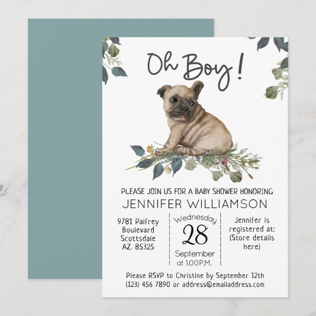 Invitation Fête de bébé chien Oh Garçon ! Pug Chiot (Devant / Derrière)