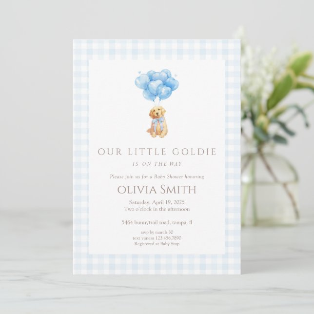Invitation Fête de Bébé Chiot Goldendoodle Bleu (Debout devant)