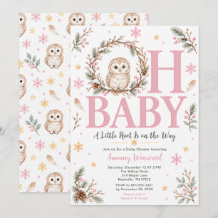 Invitation Fête de bébé chouette d'hiver rose