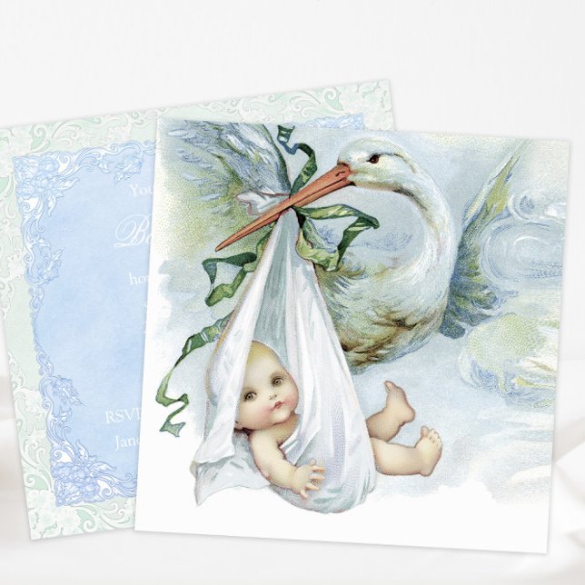 Invitation Fête de bébé cigogne bleu et vert (Beautiful vintage stork baby shower invitation. Simply add your details to the front and back.)