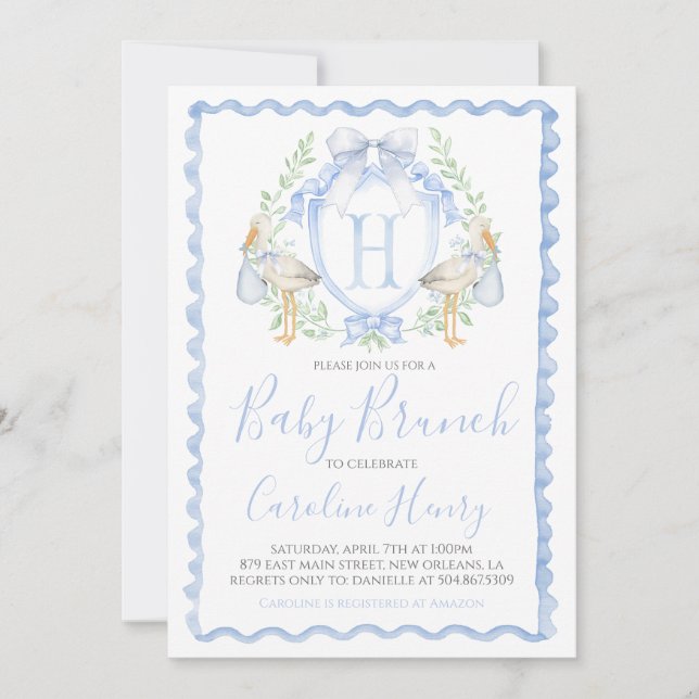 Invitation Fête de bébé cigogne garçon Préparatoire Gingham B (Devant)