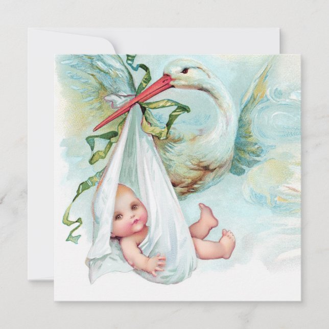 Invitation Fête de bébé cigogne vintage bleu sarcelle (Devant)